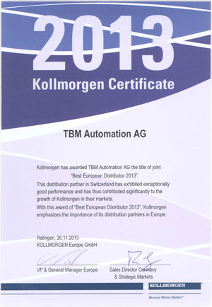 Kollmorgen zeichnet TBM Automation AG als Best European Disributor 2013 aus